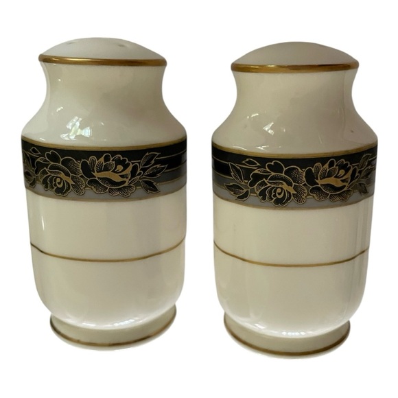 Noritake Salt & Pepper Shakers, Spell Binder, Gray, Black, Gold Stripe, Roses. - Picture 1 of 6